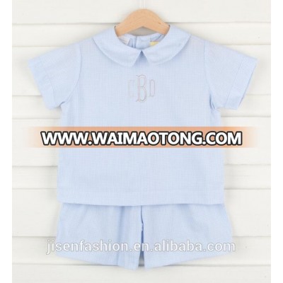 Wholesale Soft Baby Sets Gingham Sport Seersucker Collar Boy Outfits